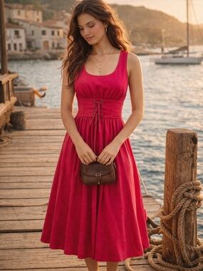 Plenty by Tracy Reese Anthropologie Red Pink Corset Waist Midi Dress Pirate